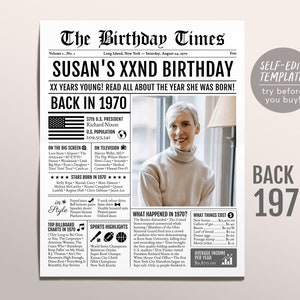 Back in 1970 Birthday Newspaper Editable Template, 53 54 55 Years Ago, 53th 54th 55th Birthday Sign Decorations Decor for Men or Women