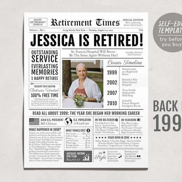 Editable Retirement Celebration Sign, Unique Newspaper Retirement Gifts for Men Women, Vice Assistant Principal Gift, History Back in 1999