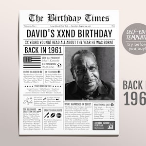 Back in 1961 Birthday Newspaper Editable Template, 62 63 64 Years Ago, 62nd 63rd 64th Birthday Sign Decorations Decor for Men or Women