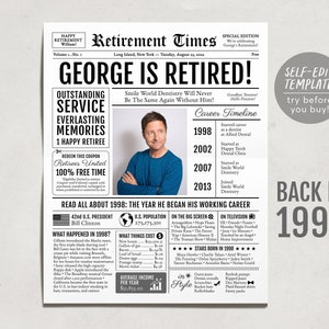 Editable Retirement Celebration Sign, Unique Newspaper Retirement Gifts for Men Women, Dentist Doctor Medical Gift, History Back in 1998