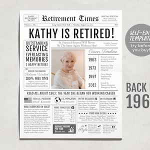 Editable Retirement Gift for Nurse Template, Retirement Gifts For Teacher, Retirement Sign for Firefighter, Newspaper Back in 1963
