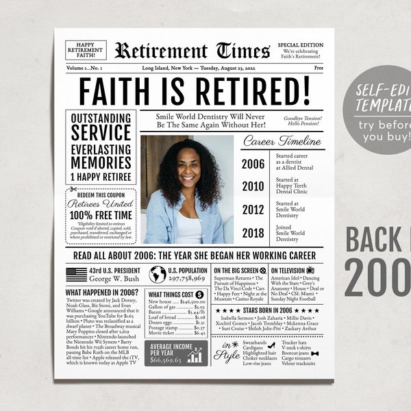 Editable Retirement Celebration Sign, Unique Newspaper Retirement Gifts for Men Women, Dental Hygienist Nurse Gift, History Back in 2006