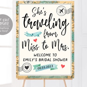 Addio al nubilato Sta viaggiando da Miss a Mrs Modello modificabile per cartello di benvenuto stampabile, poster di matrimonio con destinazione a tema viaggio vintage
