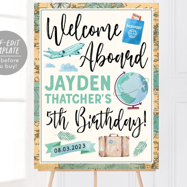 Welcome Aboard Airline Travel Themed Birthday Welcome Sign Editable Template, Adventure Awaits Globe Unisex Party Sign, Destination Birthday