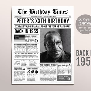 Plantilla editable de periódico de cumpleaños de 1955, hace 68 69 70 años, decoración de letreros de cumpleaños 68 69 70 para hombres o mujeres