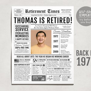 Editable Retirement Gift for Physician Template, Retirement Gifts For Librarian, Retirement Sign for Office Clerk, Newspaper Back in 1972