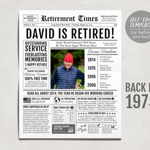 Editable Retirement Gift for Instructor Template, Retirement Gifts For Security Guard, Retirement Sign for Legislator,Newspaper Back in 1974