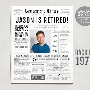 Editable Retirement Gift for Manager Template, Retirement Gifts For Accountant, Retirement Sign for Engineer, Newspaper Back in 1976