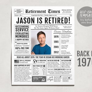 Editable Retirement Gift for Manager Template, Retirement Gifts For Accountant, Retirement Sign for Engineer, Newspaper Back in 1976