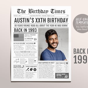 Terug in 1993 Verjaardagskrant Bewerkbare sjabloon, 30 31 32 jaar geleden, 30e 31e 32e verjaardag Teken Decoraties Decor voor mannen of vrouwen
