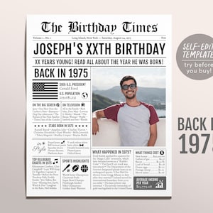 Back in 1975 Birthday Newspaper Editable Template, 48 49 50 Years Ago, 48th 49th 50th Birthday Sign Decorations Decor for Men or Women