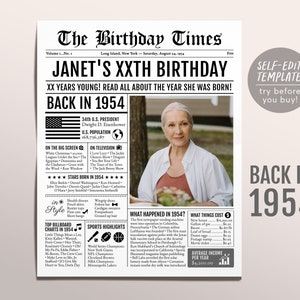 Zurück in 1954 Geburtstag Zeitung Bearbeitbare Vorlage, 69 70 71 Jahre vor, 69. 70. 71. Geburtstag Zeichen Dekorationen Dekor für Männer oder Frauen
