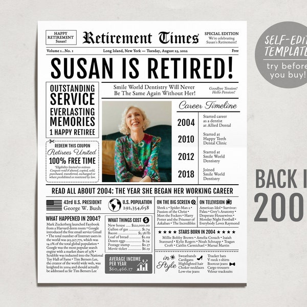 Editable Retirement Celebration Sign, Unique Newspaper Retirement Gifts for Men Women, Dental Hygienist Nurse Gift, History Back in 2004