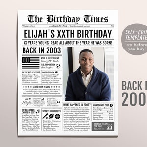 Back in 2003 Birthday Newspaper Editable Template, 20 21 22 Years Ago, 20th 21st 22nd Birthday Sign Decorations Decor for Men or Women