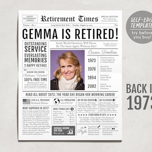 Editable Retirement Gift for Administrative Assistant Template, Retirement Gifts For Architect, Retirement Sign, Newspaper Back in 1973