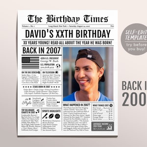 Plantilla editable de periódico de cumpleaños de 2007, hace 16 17 18 años, decoración de letreros de cumpleaños 16, 17, 18, decoración para hombres o mujeres