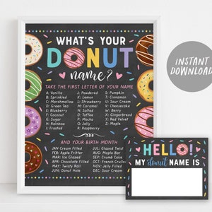 May include: A printable donut-themed party game for kids. The game asks players to take the first letter of their name and find the corresponding donut flavor. The game also includes a blank name tag that says "Hello! My donut name is..."