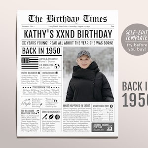 Back in 1950 Birthday Newspaper Editable Template, 73 74 75 Years Ago, 73rd 74th 75th Birthday Sign Decorations Decor for Men or Women