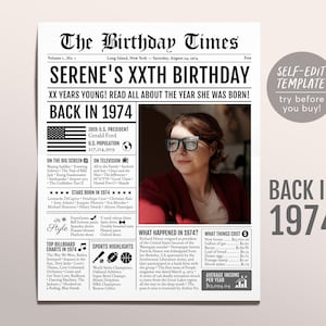 Back in 1974 Birthday Newspaper Editable Template, 49 50 51 Years Ago, 49th 50th 51st Birthday Sign Decorations Decor for Men or Women