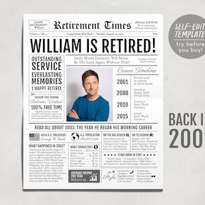 Editable Retirement Celebration Sign, Unique Newspaper Retirement Gifts for Men Women, Math Teacher Nurse Gift, History Back in 2001