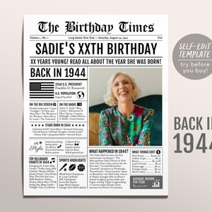 Powrót do 1944 roku Urodziny Gazeta Edytowalny Szablon, 79 80 81 Lat Temu, 79. 80. 81. Urodziny Znak Dekoracje Wystrój Dla Mężczyzn lub Kobiet