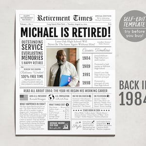 Unique Newspaper Retirement Gifts for Men or Women, Editable Retirement Celebration Welcome Sign, Retire Party Decor, History Back in 1984