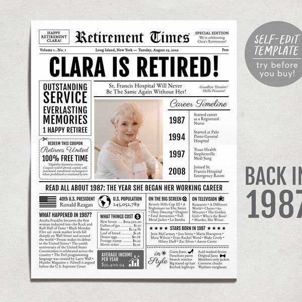 Personalized Retirement Gift for Nurse, Retirement Gifts For Nurse Practitioner, Retirement Sign for Nurse, Newspaper Back in 1987
