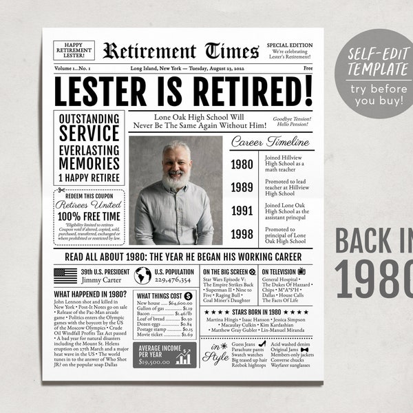 Retirement Gift for Men or Women, Editable Retirement Card Poster Sign, Unique Retirement Party Decoration, Newspaper Back in 1980