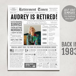 Personalisiertes Ruhestandsgeschenk für Männer oder Frauen, Ruhestandsparty-Brett mit Foto, einzigartige Ruhestandsparty-Dekoration, Zeitung zurück im Jahr 1983