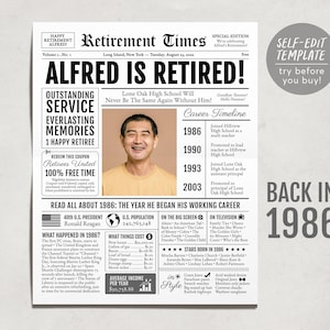 Retirement Gift for Men or Women, Editable Retirement Card Poster Sign, Unique Retirement Party Decoration, Newspaper Back in 1986