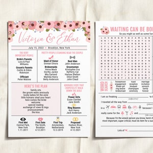 Lustige Infografik Hochzeit Programm Vorlage, Blush Floral Vorlage, Wortsuche, Mad Libs, Hochzeitskarte, Lustiges Empfangsprogramm