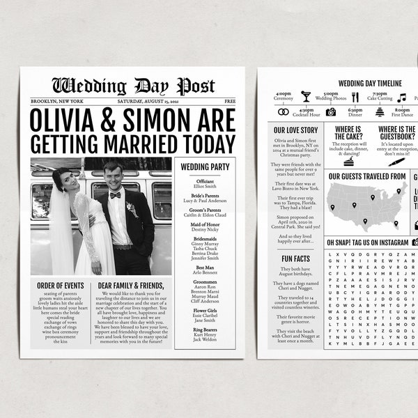 Newspaper Wedding Program Template, Editable Wedding Infographic, Unique Wedding Program, Printable Wedding Timeline, Wedding Word Search