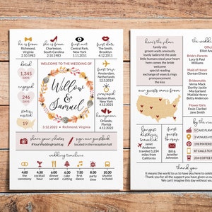 Könnte beinhalten: Eine Hochzeitseinladungsvorlage mit Herbstthema. Die Einladung zeigt einen Kranz aus Herbstblättern mit den Namen des Paares, Willow und Samuel, in der Mitte. Die Einladung enthält auch Details zur Hochzeit, wie Datum, Ort und einen Zeitplan der Ereignisse. Die Einladung ist so konzipiert, dass sie mit den Informationen des Paares personalisiert werden kann.