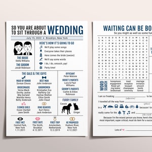 Programa de casamento infográfico moderno, programa de recepção da Marinha, programa de casamento exclusivo e engraçado, busca de palavras, Mad Libs, cartão de conselhos de casamento
