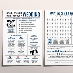 Modern Infographic Wedding Program, Navy Reception Program, Funny Unique Wedding Program, Word Search, Mad Libs, Wedding Advice Card