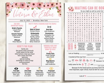 Fun Infographic Wedding Program Template, Blush Floral Template, Word Search, Mad Libs, Wedding Advice Card, Funny Reception Program