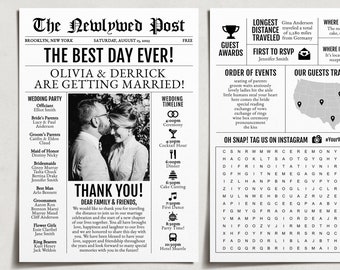 Mini 5x7 Newspaper Wedding Program Template, Editable Timeline Printable, Unique Wedding Program, Reception Program Booklet, Black and White
