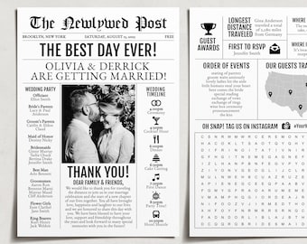 Mini 5x7 Newspaper Wedding Program Template, Editable Timeline Printable, Unique Wedding Program, Reception Program Booklet, Black and White