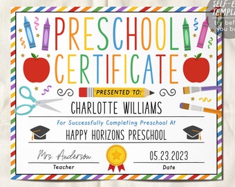 Preschool Graduation Certificate Editable Template, PreK Kindergarten Diploma Certificate of Completion, Last Day of Preschool Sign