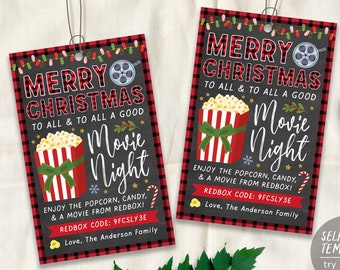 Etykiety na prezenty świąteczne z filmu do edycji, prezent świąteczny Redbox, etykieta na prezent świąteczny z popcornem, prezent dla nauczyciela Secret Santa do wydrukowania