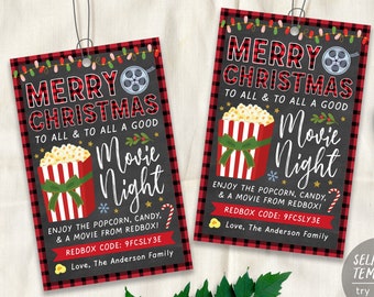 Christmas Movie Gift Tags Editable Template, Redbox Christmas Gift, Popcorn Holiday Gift Tag, Secret Santa Teacher Gift Printable