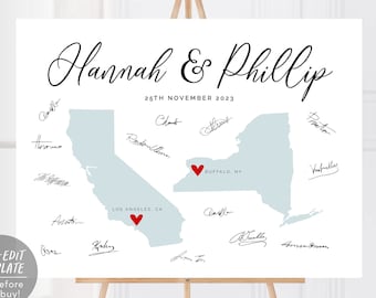 Editable Wedding Guest Book USA States Map Alternative Template, Long Distance GuestBook Poster, Custom State Map California New York Sign