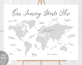 PERSONALISED chalkboard style WORLD MAP wedding party guest book PRINT poster 