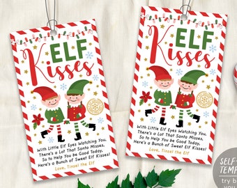 Elf Kisses Tags Editable Template, Christmas Elf Kisses Labels Printable, Christmas Holiday Classroom Treat Bag Topper, Xmas Eve Box Filler