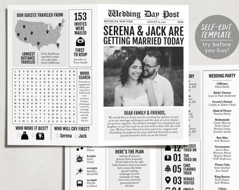 Mini Newspaper Wedding Program Template, Editable Timeline Printable, Bifold Wedding Program, Reception Program Booklet, Black and White