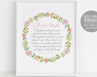 Modello modificabile per poesia dedicata alla figlioccia con ghirlanda floreale, regalo per battesimo, comunione, dedicazione della figlioccia, regalo da parte dei padrini, ricordo.