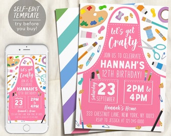 Craft Birthday Party Invitation Editable Template, Summer Craft Art Party, Crafting Theme Birthday, Dress for a Mess Painting Invite Evite