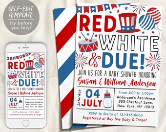 4th of July Baby Shower Invitation Editable Template, Red White
