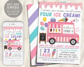 May include: A pink and white printable invitation for a 4th birthday party with an ice cream truck theme. The invitation says "I scream, you scream, we all scream FOUR ICE CREAM!" and "Willow's Turning 4!" with a pink ice cream truck and ice cream cones. The invitation includes the date, time, and location of the party.