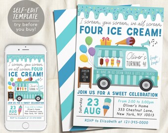 Ice Cream Truck Invitation Editable Template, I Scream You Scream We All Scream Four Ice Cream 4th Birthday Party, Unisex Boy Invite Evite